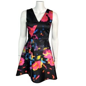 Milly Women's Dress Size 2 Fit and Flare Black Colorful Cosmos Party Cocktail